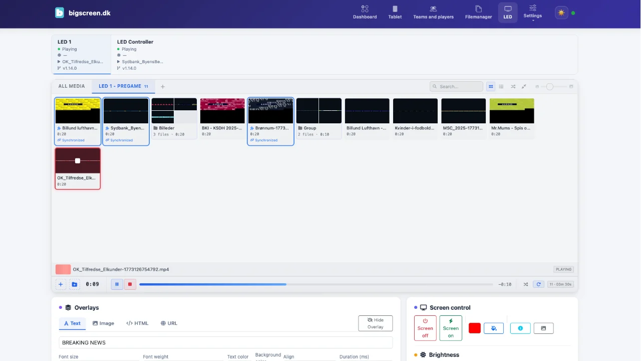 LED-siden i Bigscreen med playlister og klip