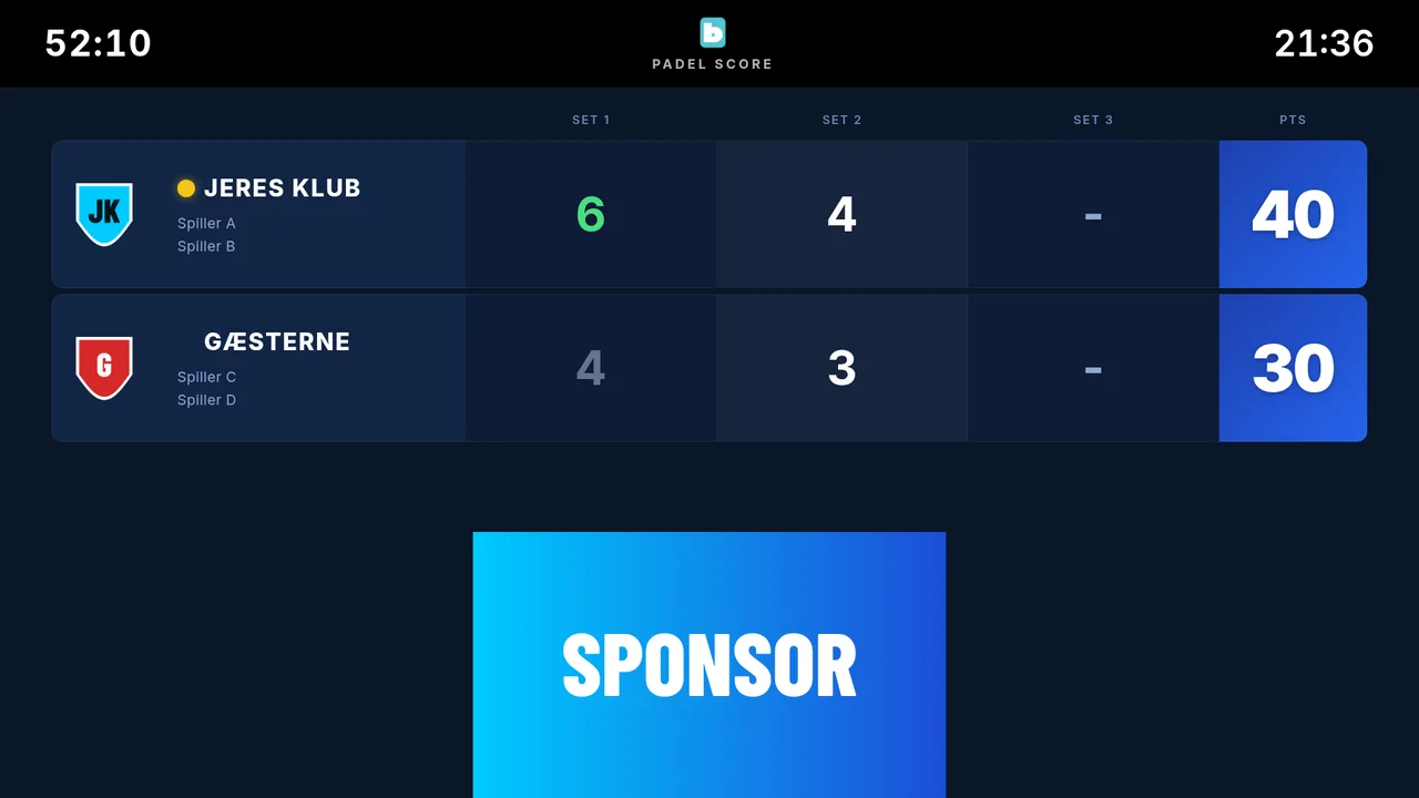 Padel-Scoreboard mit Sätzen, Games, Punkten und Aufschlaganzeige