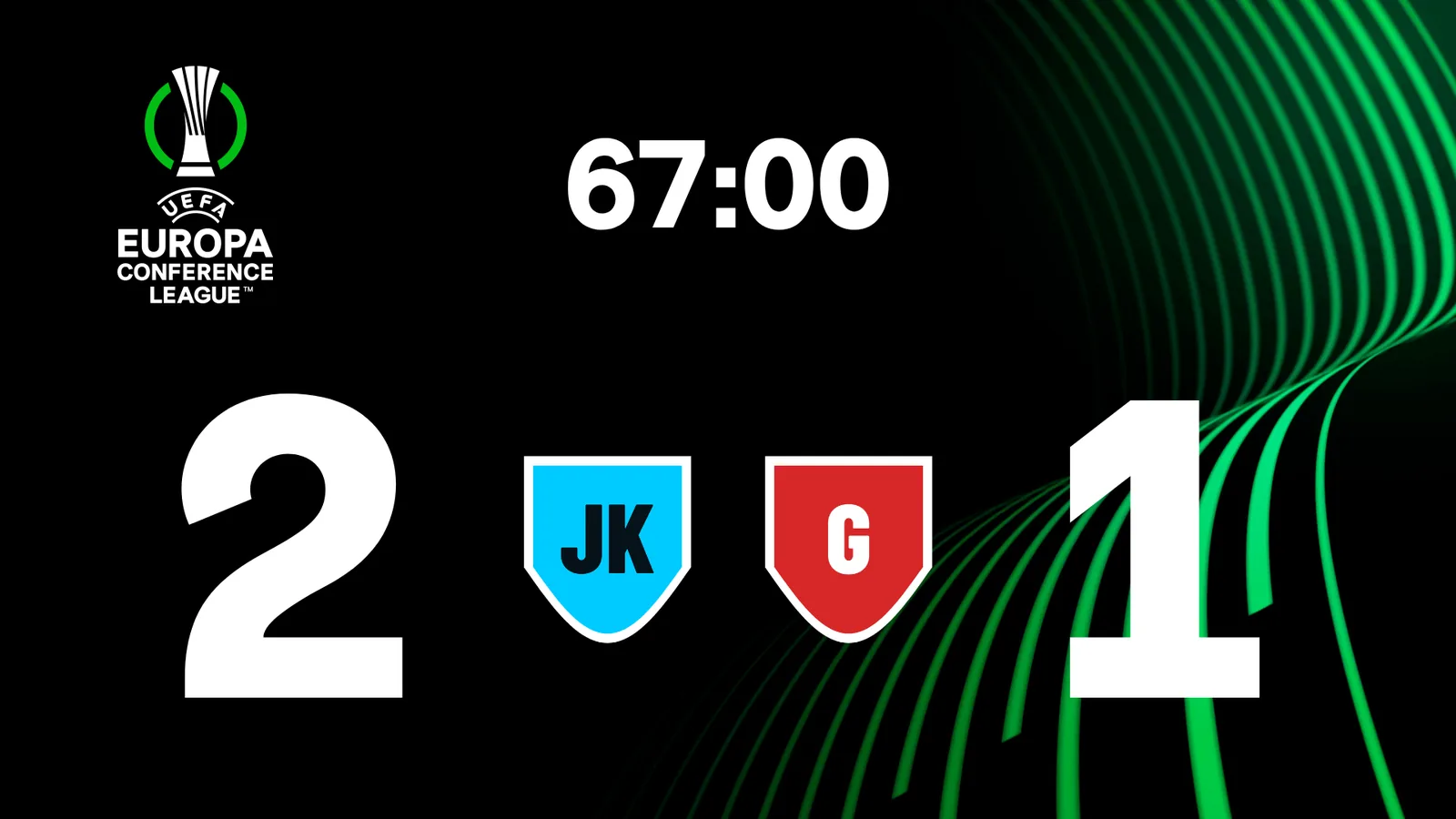Tema til UEFA Conference League-kampe med stilling, klubmærker og kampur